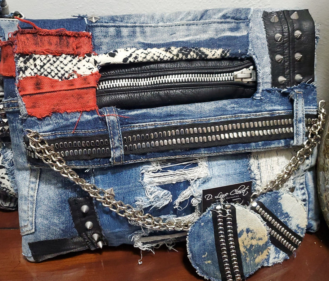 DENIM ROCK STAR CLUTCH & EARRING SET