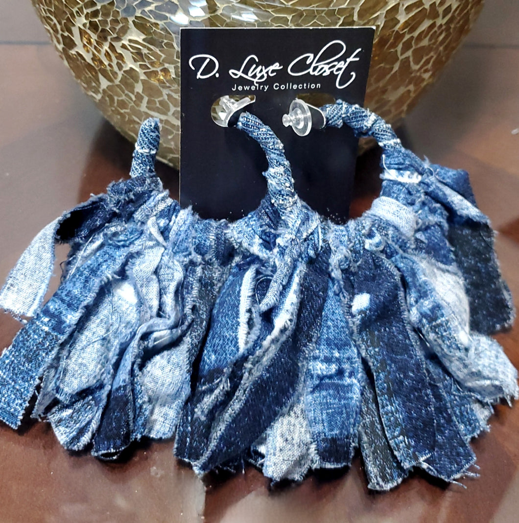 Faux Denim Fringe Hoops